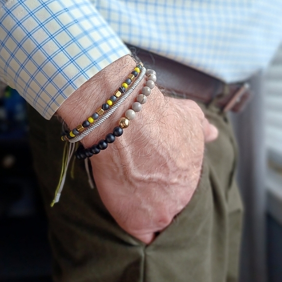 New men's jasper stone with black agate & hand woven 3 pieces set bracelets - Picture 3 of 8